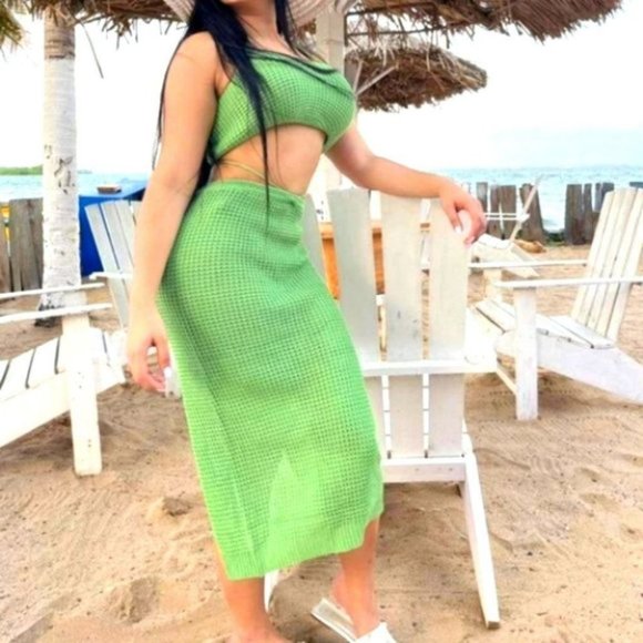 2 piece knit skirt and crop top knit coverup set Green - Picture 5 of 15